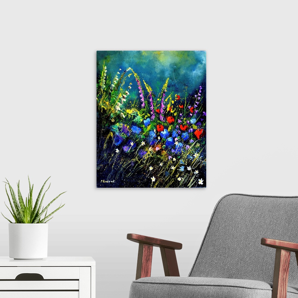 A modern room featuring Contemporary abstract painting of a field of wildflowers.