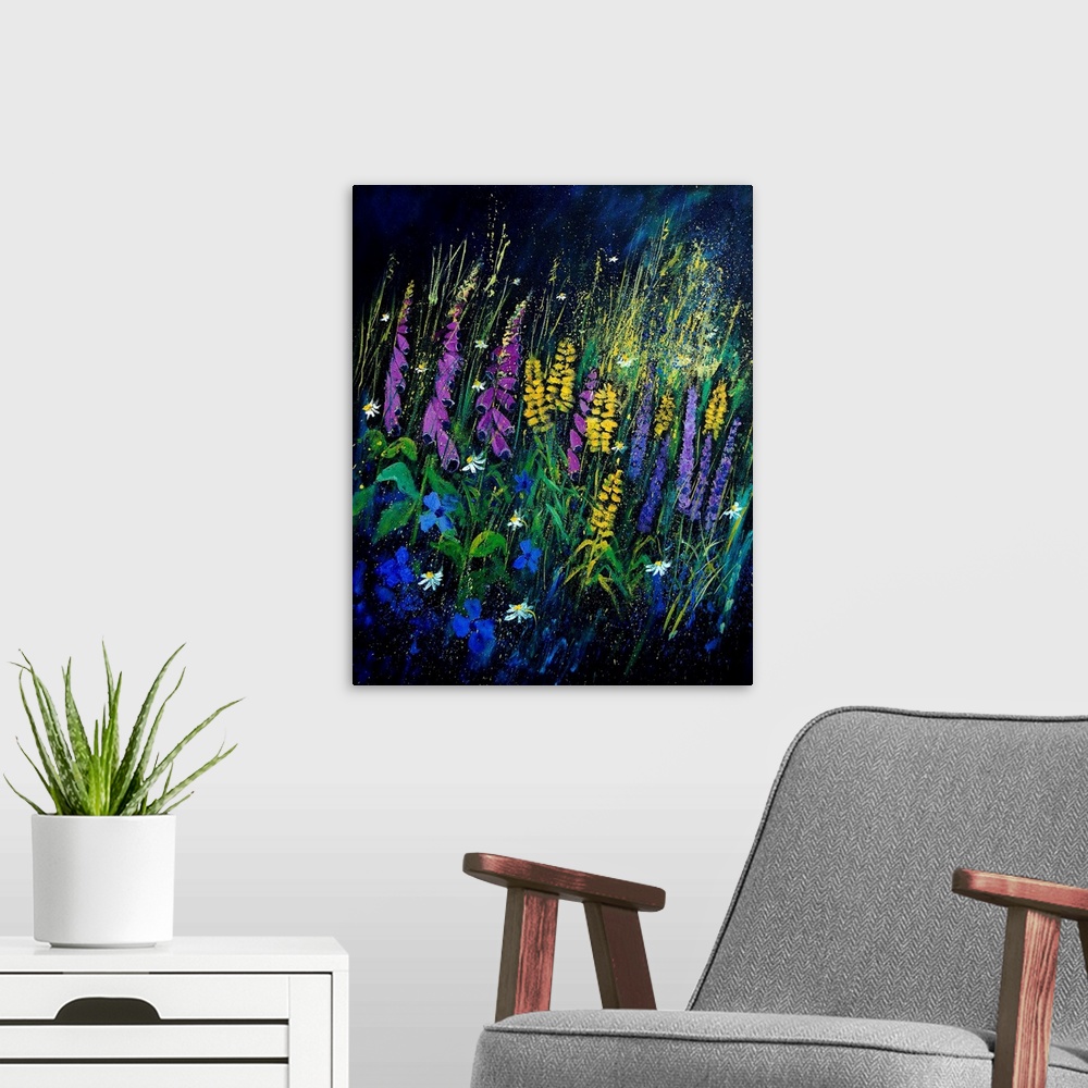 A modern room featuring A vertical painting of a large group of garden flowers on a dark backdrop.