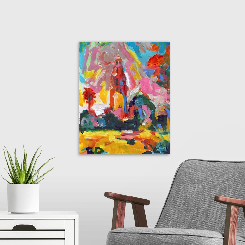 A modern room featuring Balboa Park San Diego California Tower, Museum of Man painting in fauvist abstract style by RD Ri...