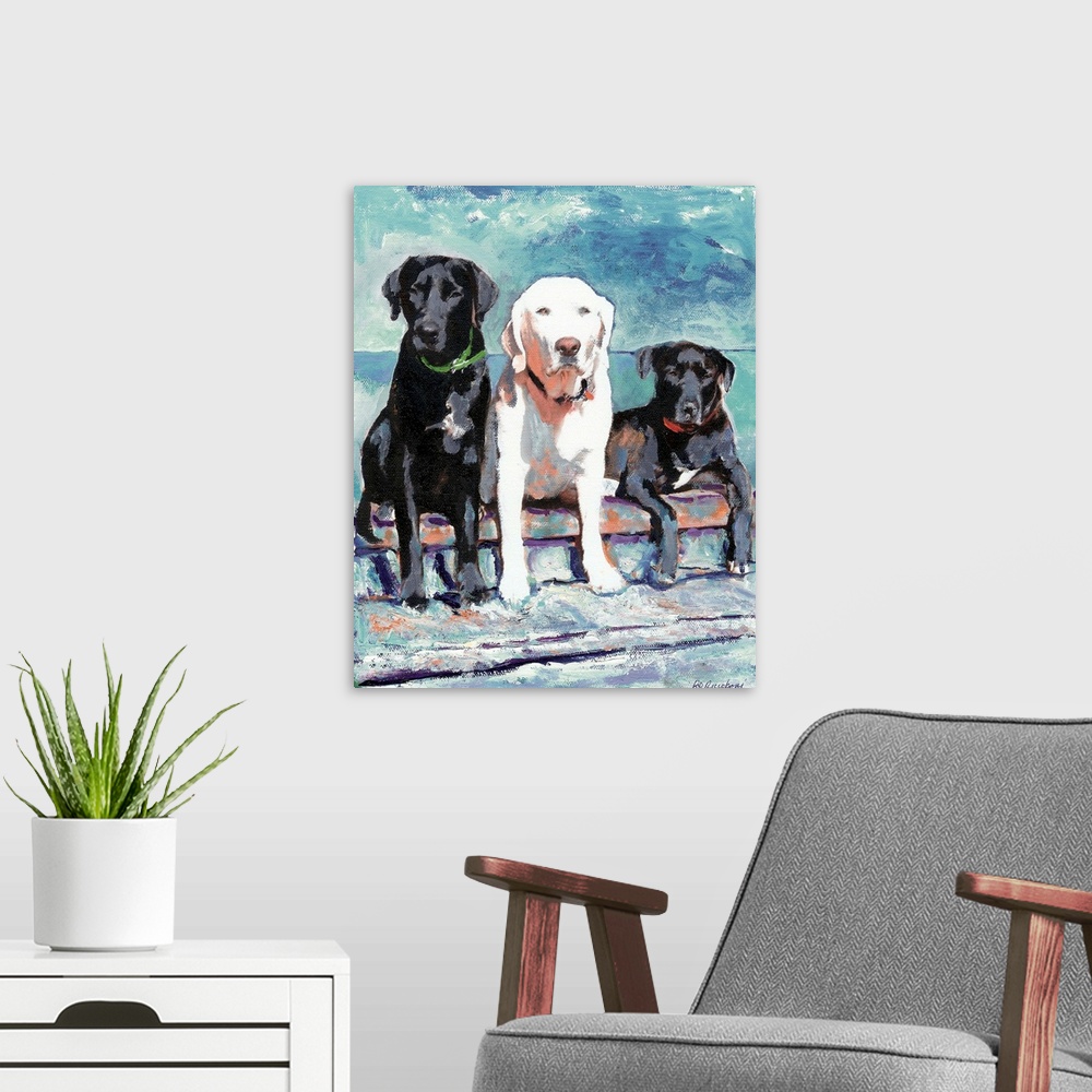 A modern room featuring Contemporary painting of three Labradors, two black and one white.