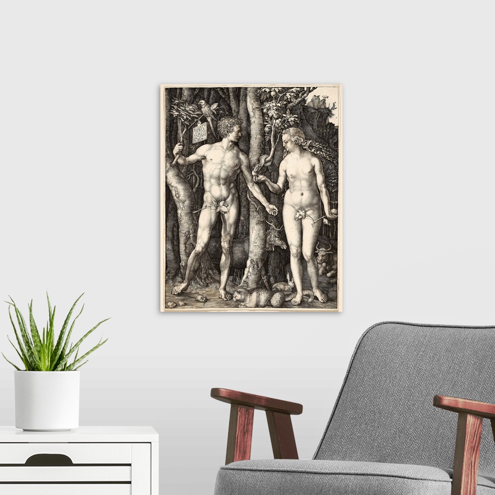 A modern room featuring Albrecht Dureros engraving, Adam and Eve, exhibits the extraordinary detail and tonal range of wh...