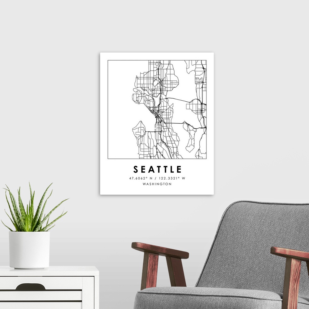 A modern room featuring Black and white minimal city map of Seattle, Washington, USA with longitude and latitude coordina...