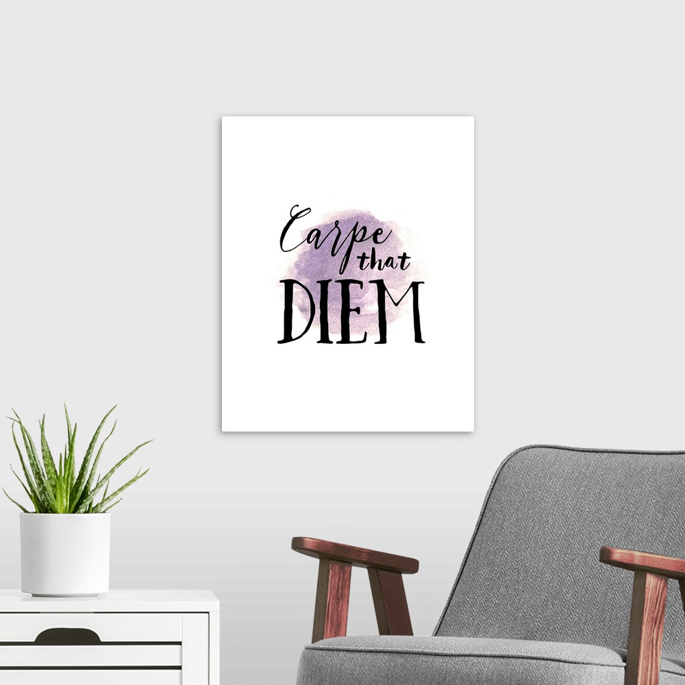 A modern room featuring Humorous motivational phrase in hand-lettered text over lavender watercolor.