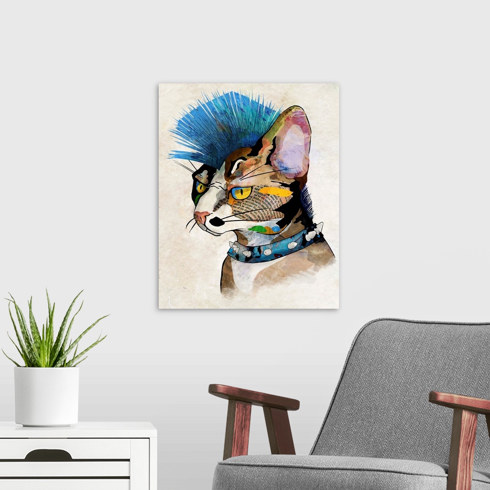 A modern room featuring Pop art of a cat with a blue mohawk and a spiked collar.
