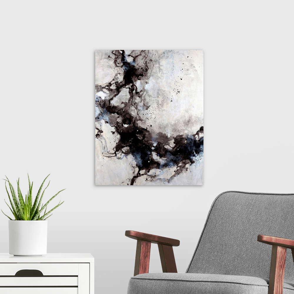A modern room featuring Abstract painting of blended ink splats and splatter with a soft pastel background.
