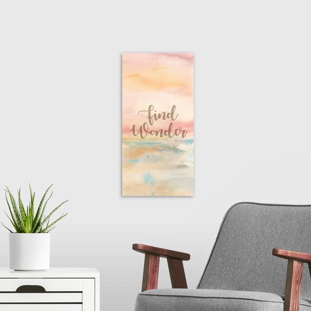 A modern room featuring "Find Wonder" on a pastel toned watercolor painting.