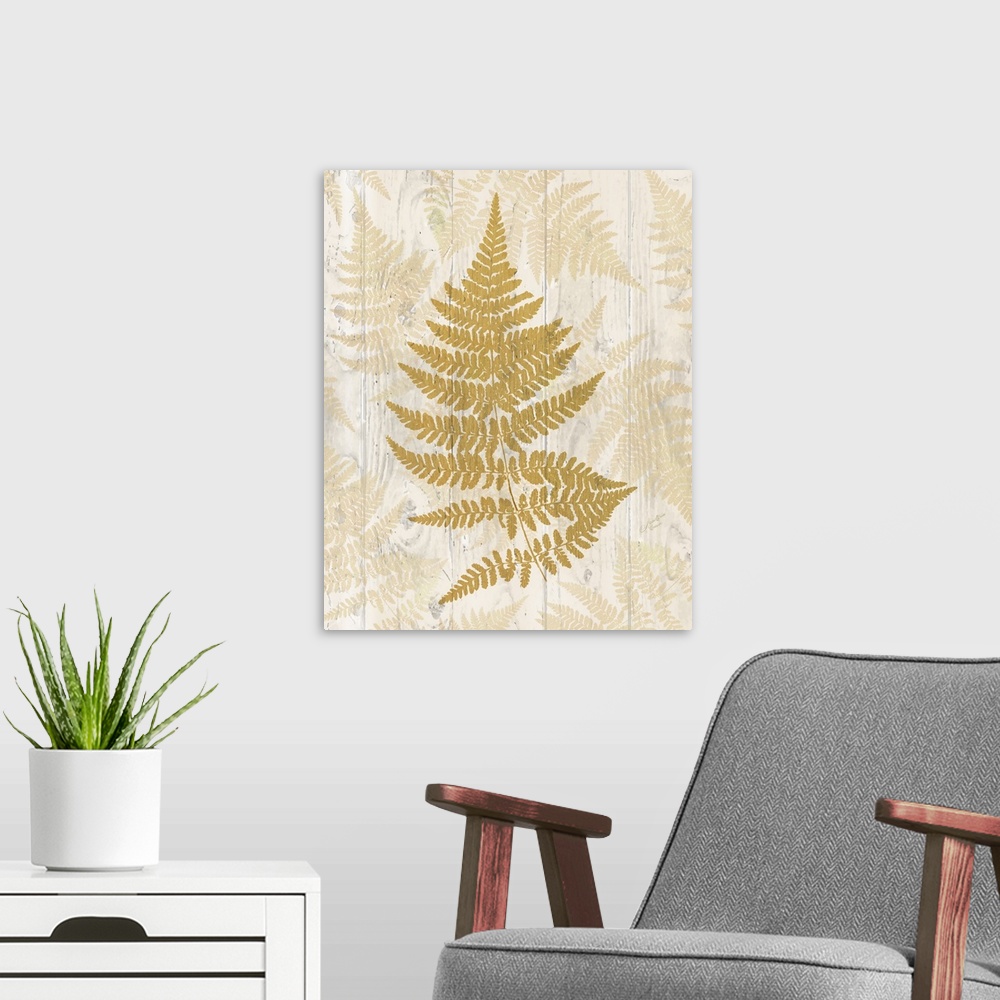 A modern room featuring Decorative artwork of a fern leaf with faded leaves on a wood plank background.