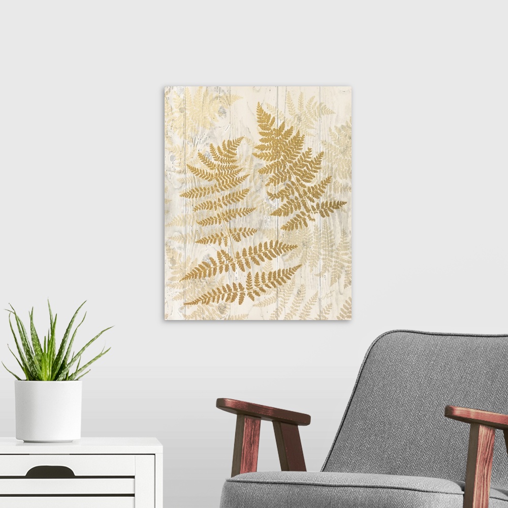 A modern room featuring Decorative artwork of fern leaves with faded leaves on a wood plank background.