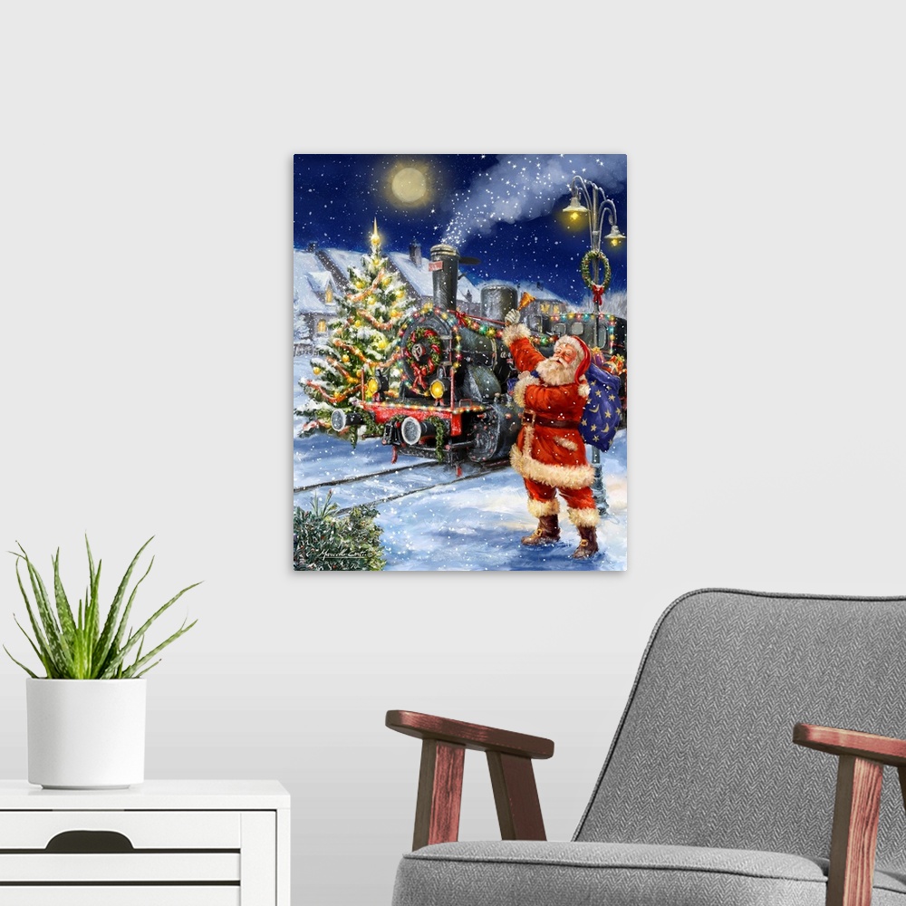 A modern room featuring Image of Santa ringing a bell in front of a train covered with decorations.