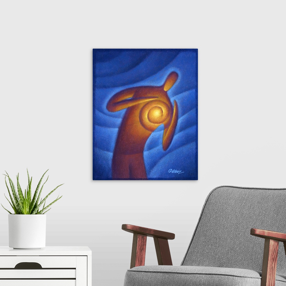 A modern room featuring Artistic painting of a human figure holding a ball of fire in his heart.