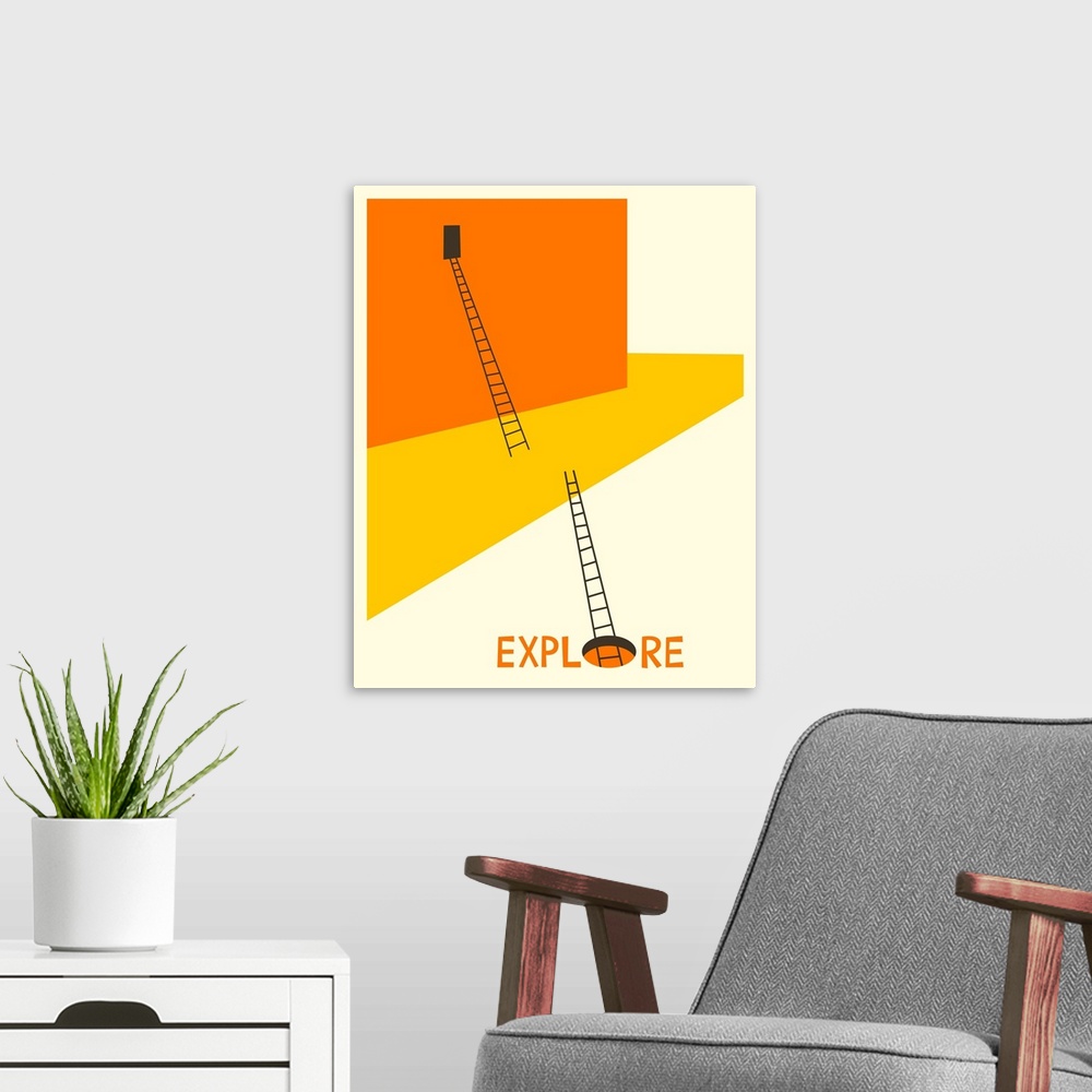 A modern room featuring Illustration of an orange and yellow building with two ladders leading to a hole in the ground, w...
