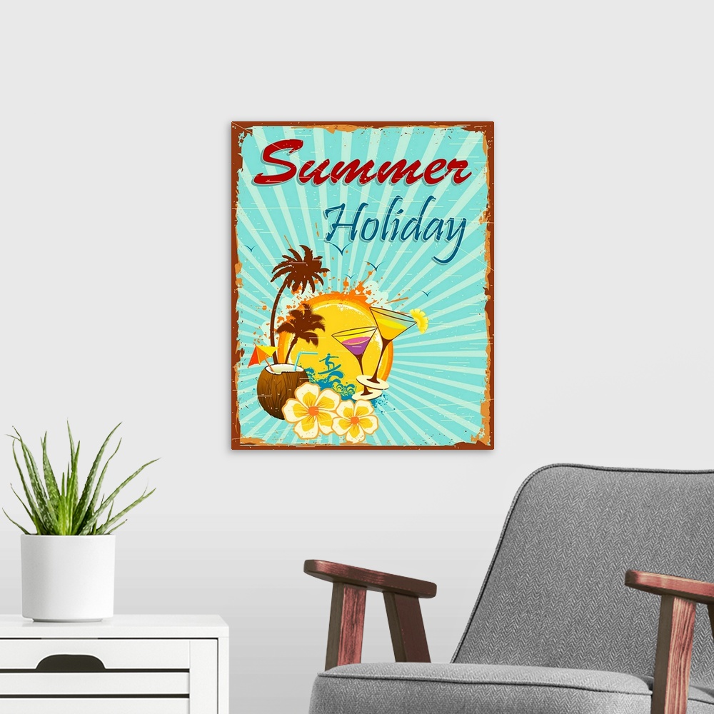 A modern room featuring illustration of summer holiday poster with palm tree and coconut