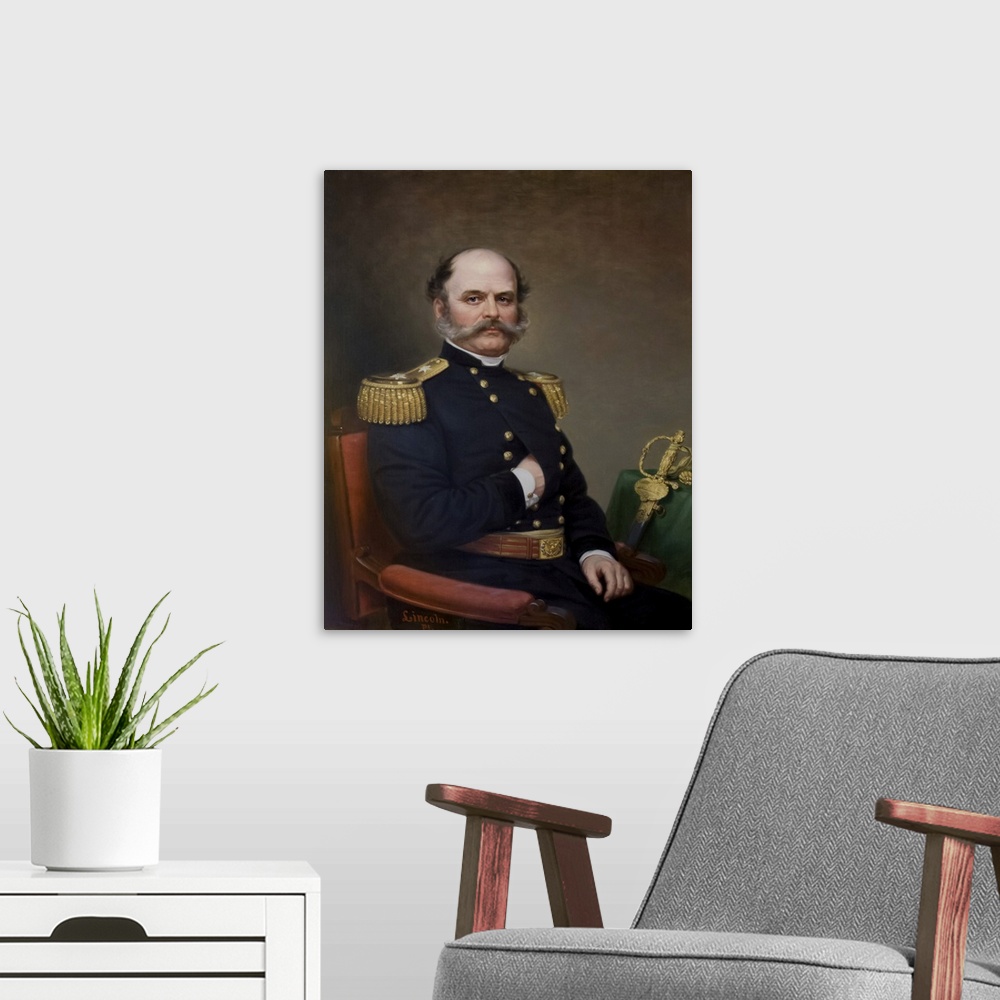 A modern room featuring American history painting of General Ambrose Burnside.
