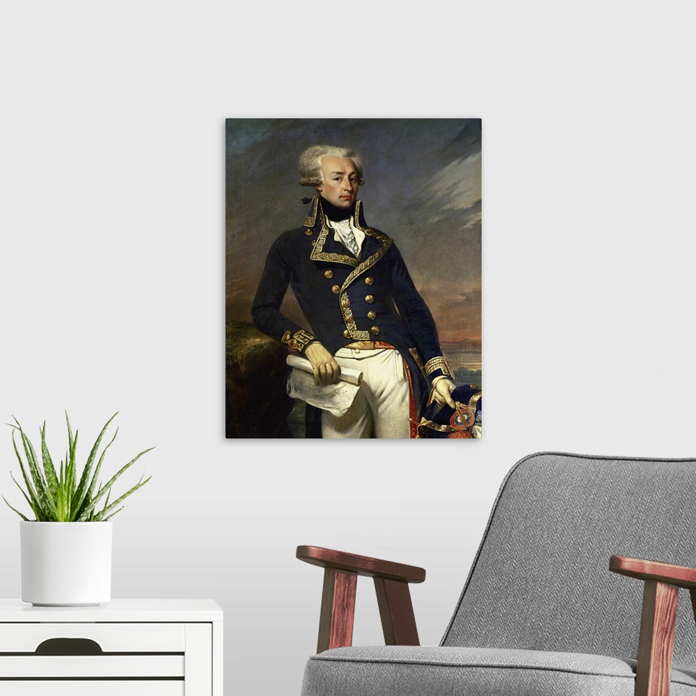 A modern room featuring American history painting of the Marquis of De La Fayette, by Joseph-Desire Court, 1834.