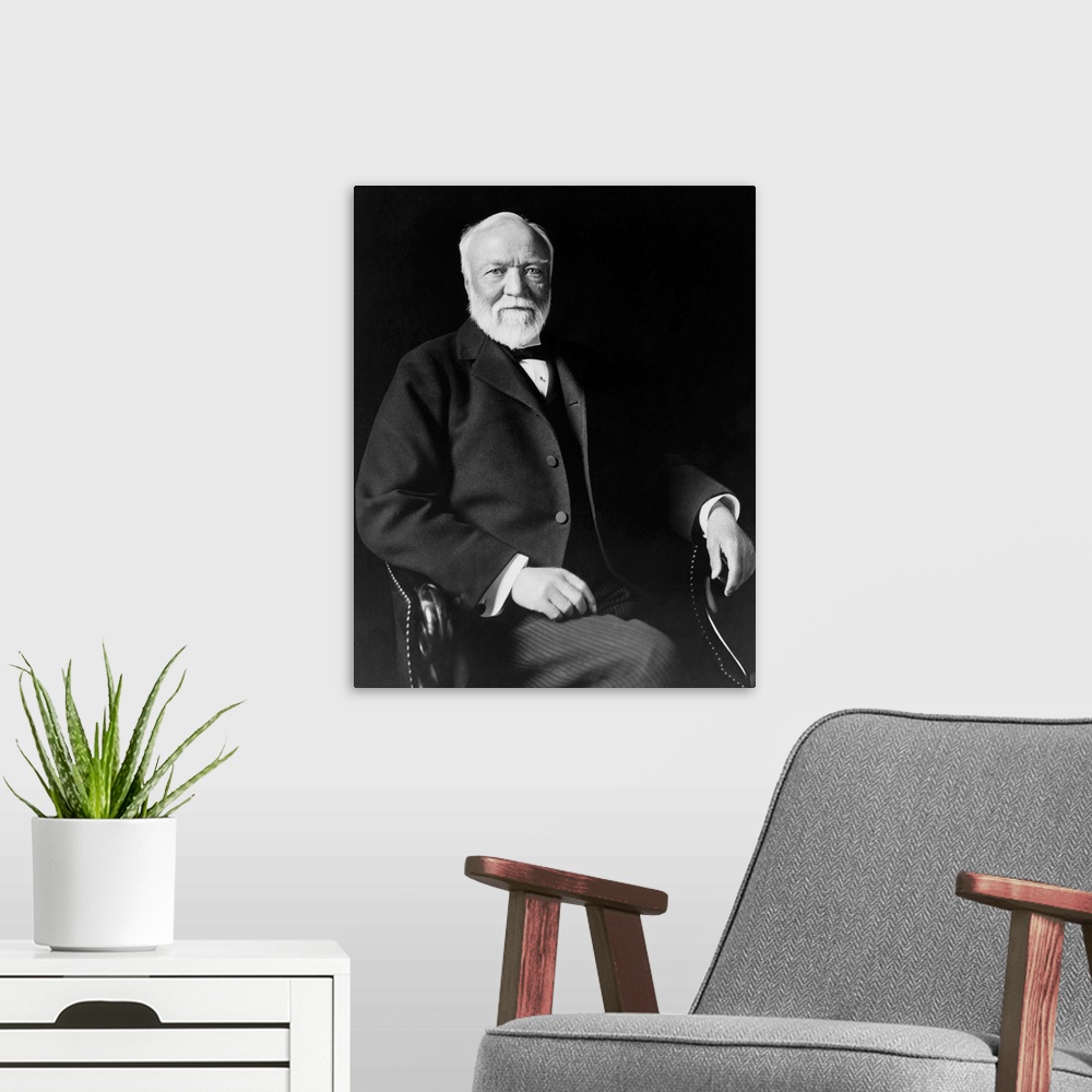 A modern room featuring American history portrait of Andrew Carnegie.