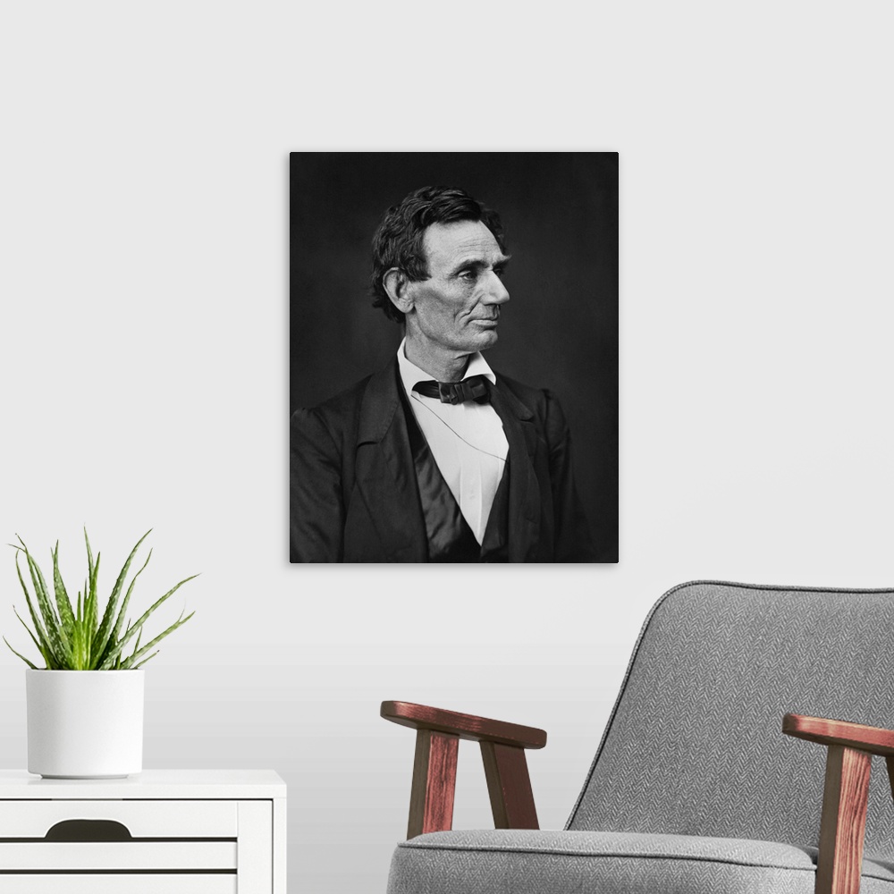 A modern room featuring American history portrait of President Abraham Lincoln, dated June 3, 1860.