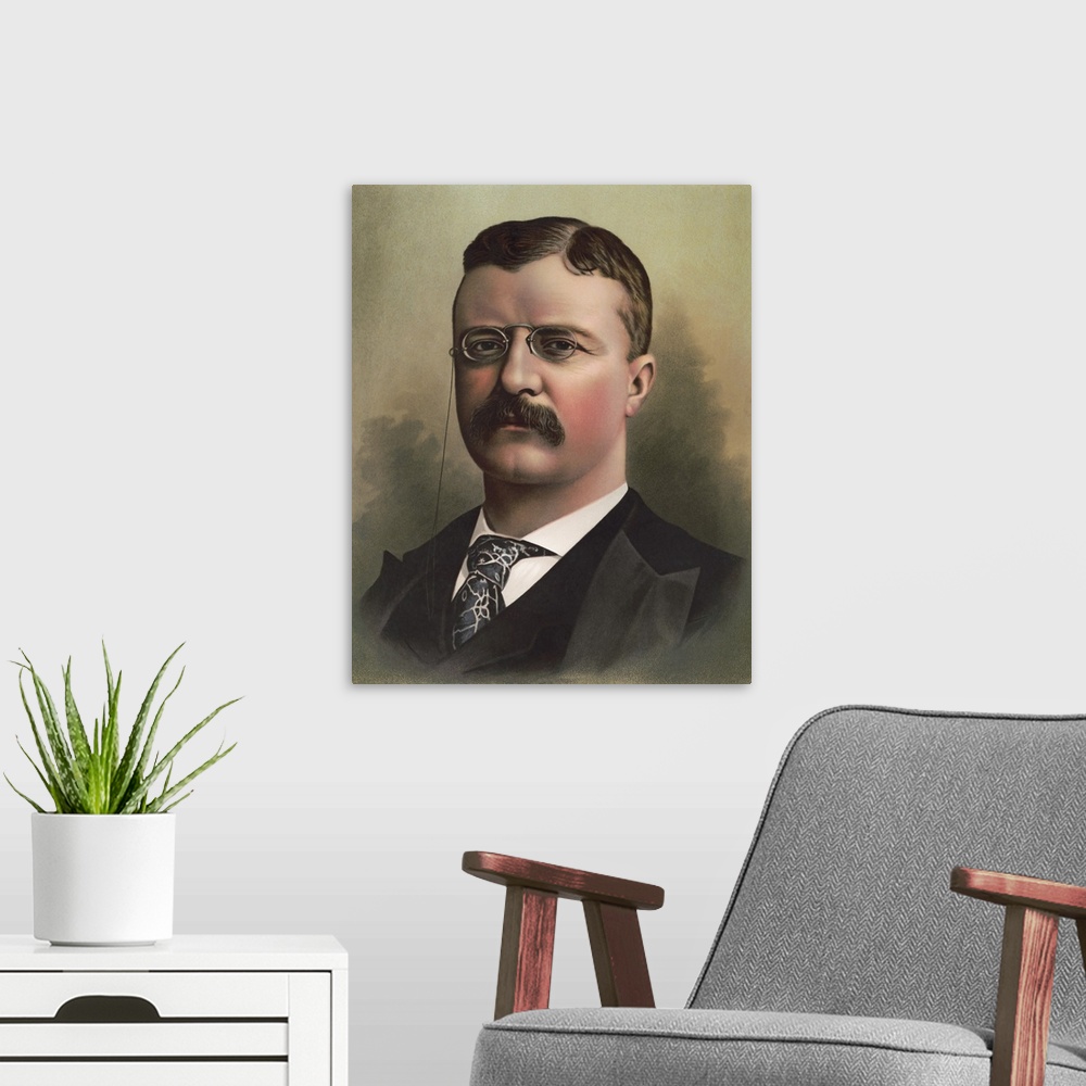 A modern room featuring American History portrait of the 26th president, Theodore Roosevelt.