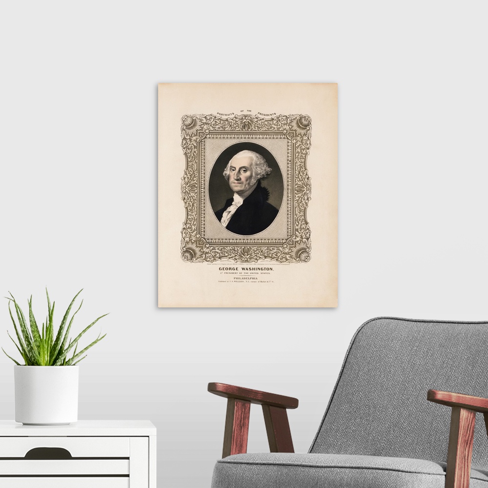 A modern room featuring American history print of President George Washington.