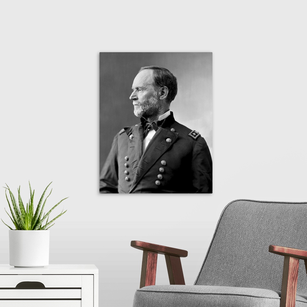 A modern room featuring Civil War portrait of American General William Tecumseh Sherman.