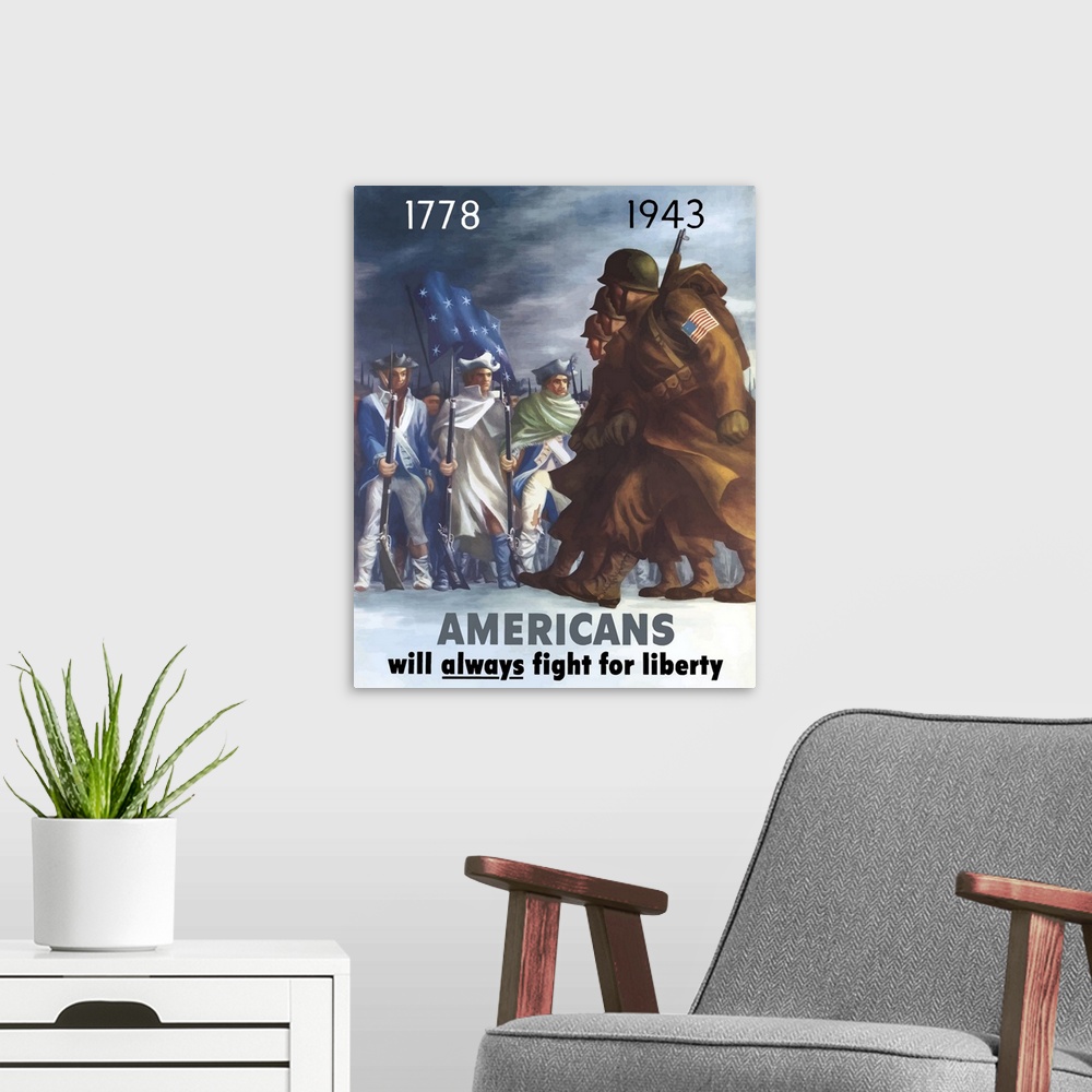 A modern room featuring This vintage war poster features American Infantryman marching past Minutemen from the Revolution...