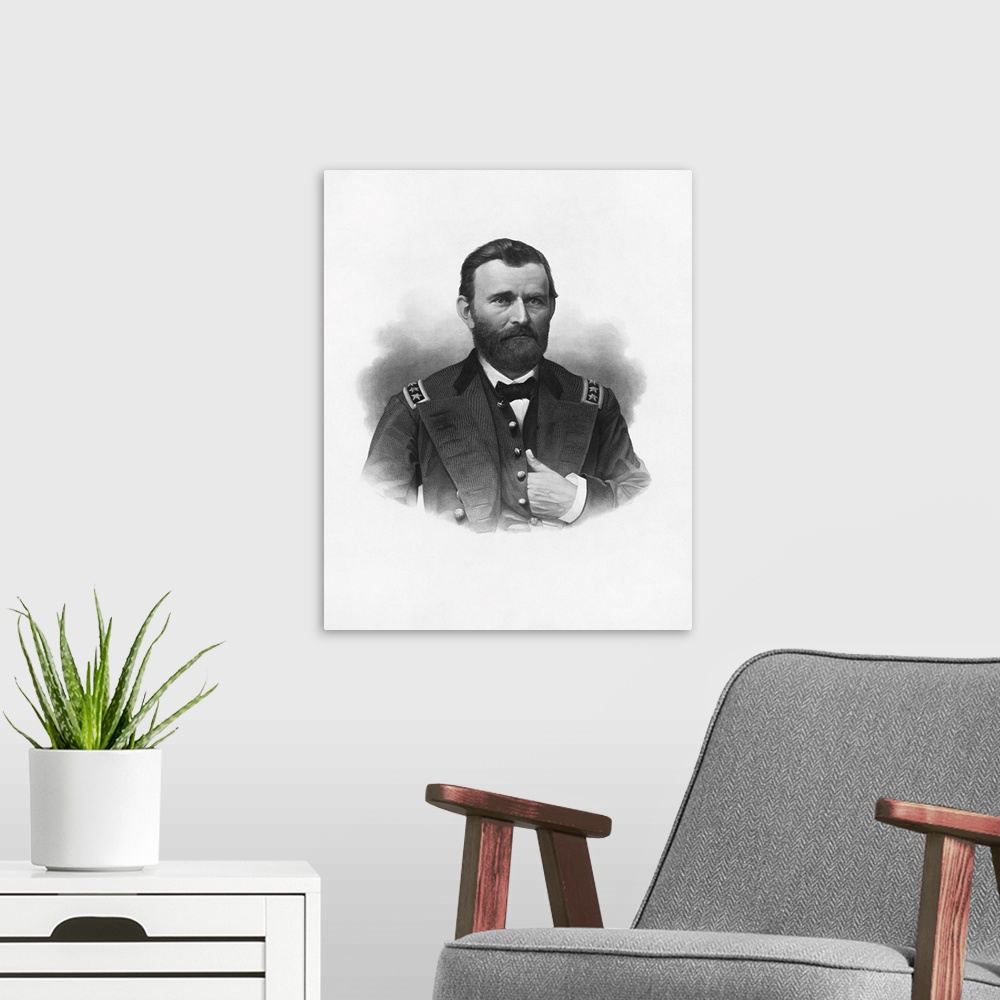 A modern room featuring An engraving of the 18th President of the United States, Ulysses S. Grant in his general's uniform.