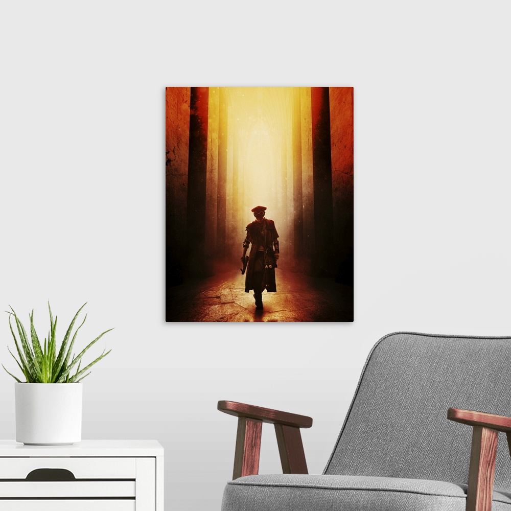 A modern room featuring Grimy post apocalypse female survivor walking across an abandoned building, light from above.