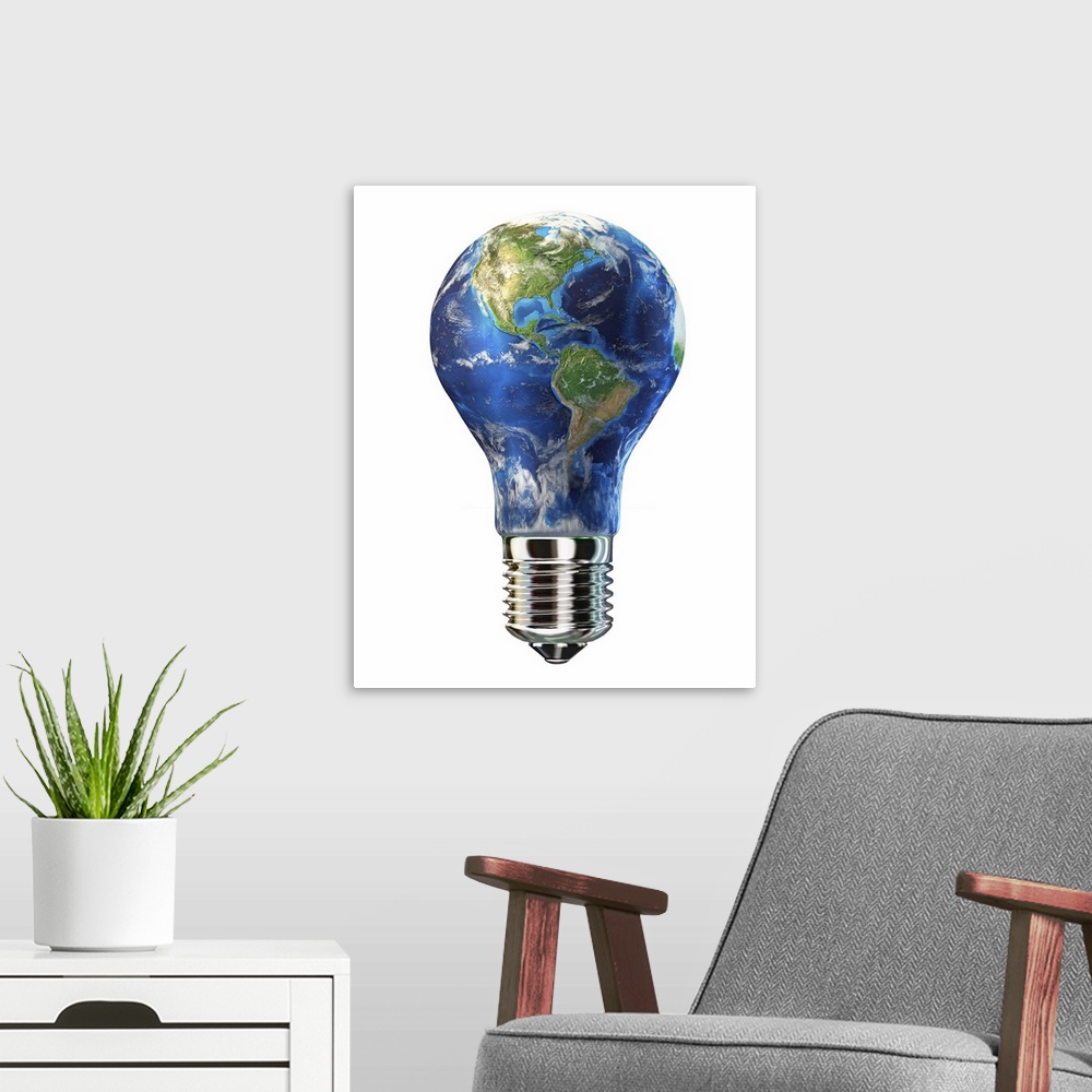 A modern room featuring Light bulb with planet Earth inside glass.
