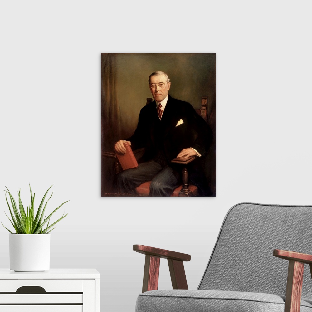 A modern room featuring Official Presidential oil painting portrait of Woodrow Wilson.