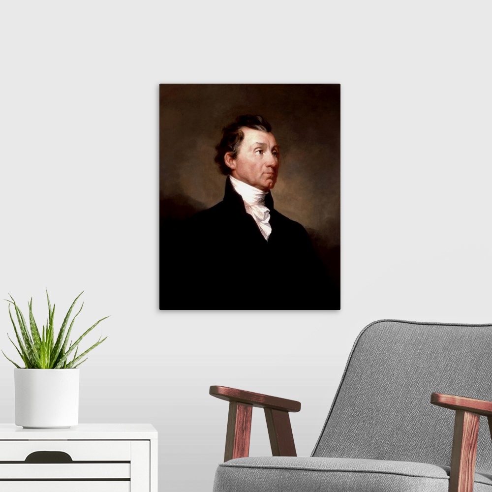 A modern room featuring Oil painting portrait of President James Monroe.