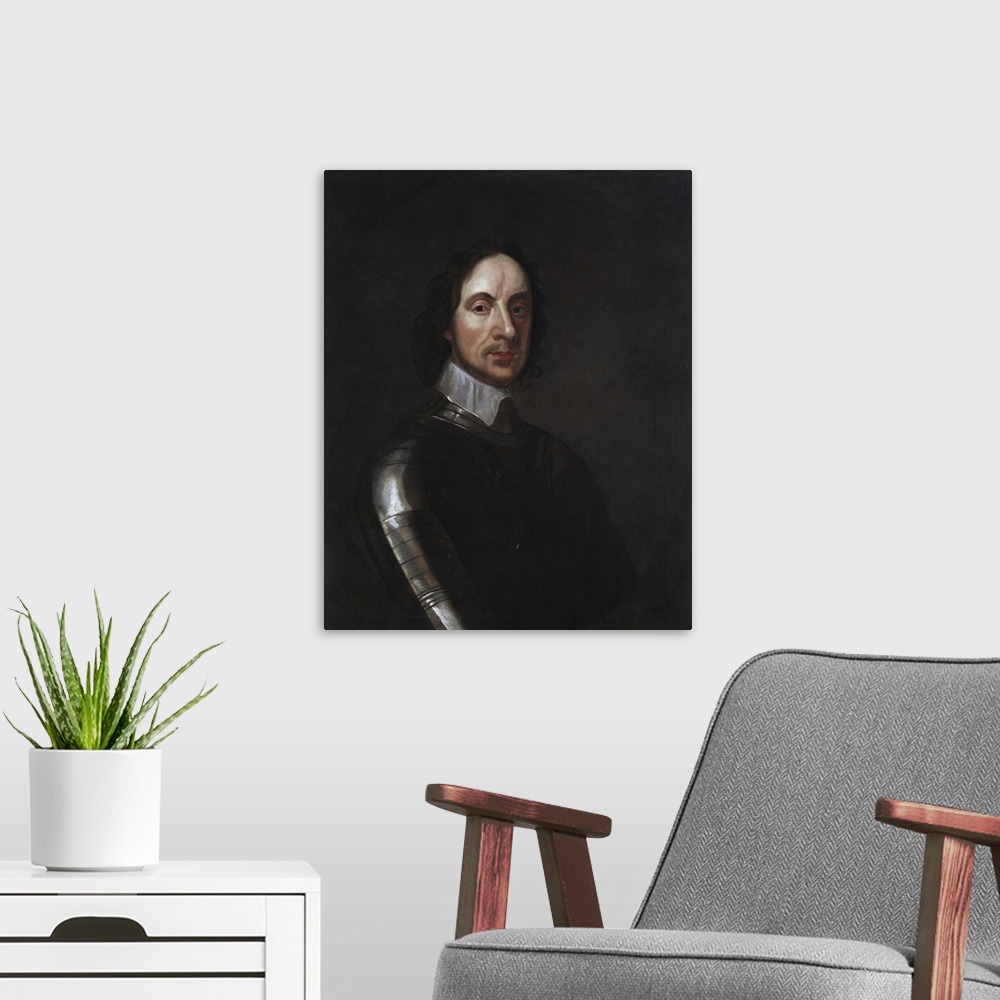 A modern room featuring Painted portrait of English Military and Political leader Oliver Cromwell.