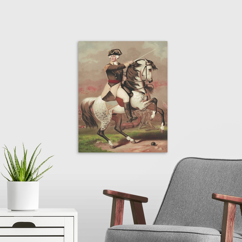 A modern room featuring Painting of General George Washington riding a horse during the Battle of Trenton.