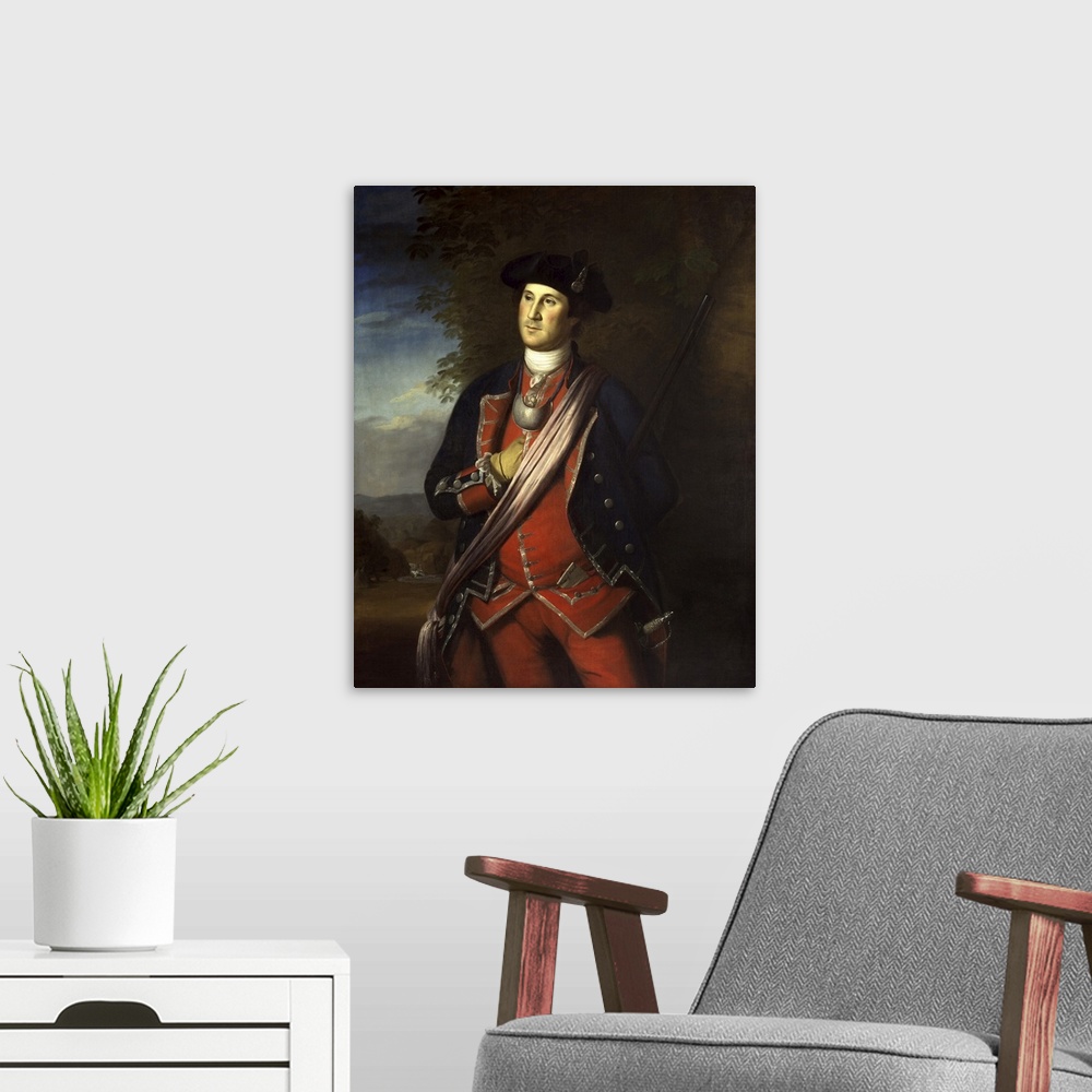 A modern room featuring Painting of George Washington as a Colonel during The French and Indian War.