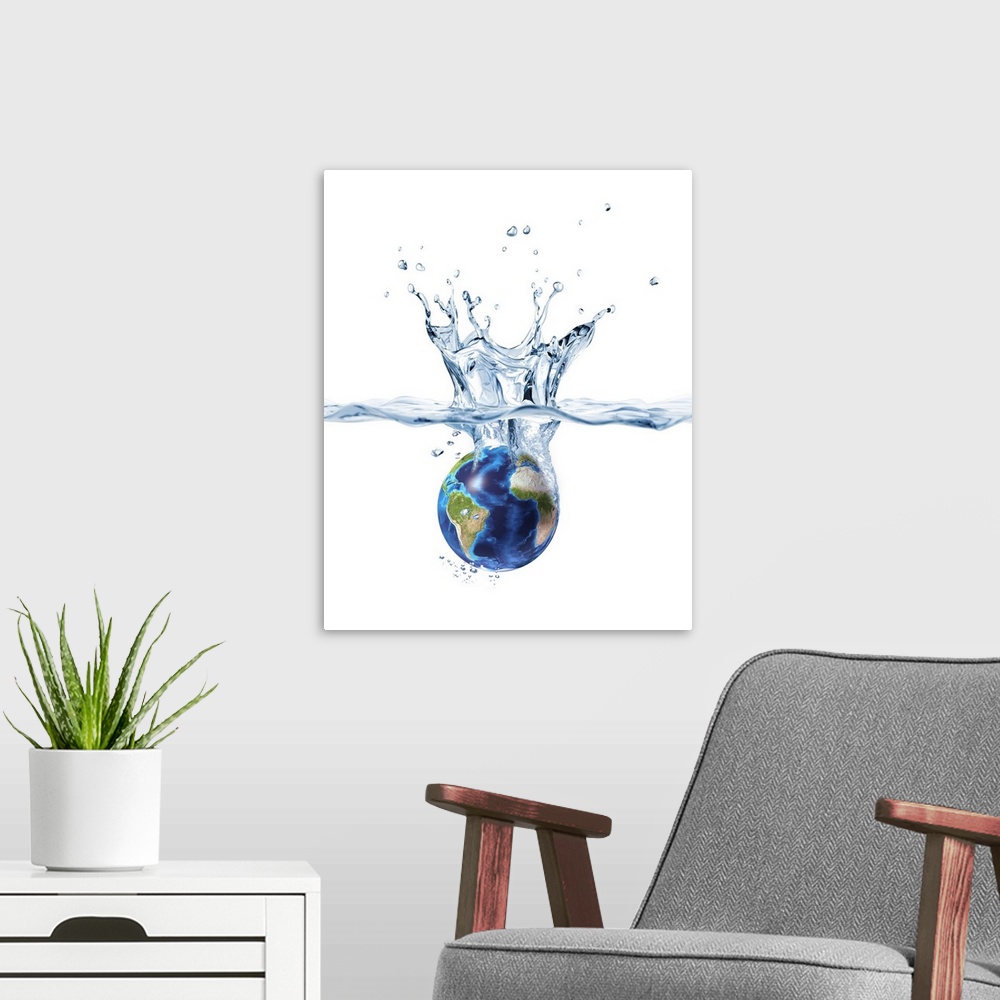 A modern room featuring Planet Earth falling into clear water, forming a crown splash.