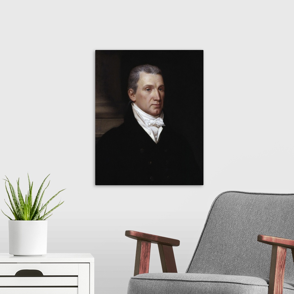 A modern room featuring Portrait of American President and Founding Father James Monroe.
