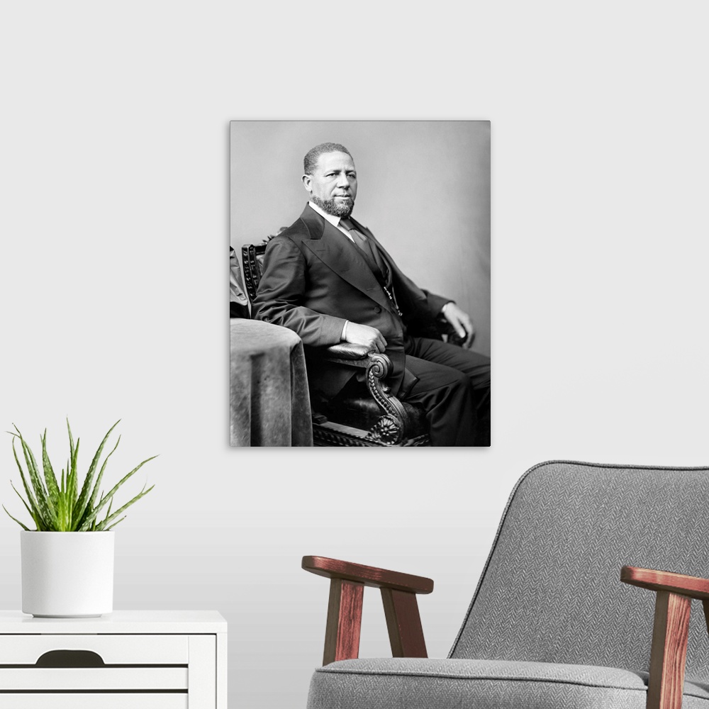 A modern room featuring Portrait of Mississippi Senator Hiram Rhodes Revels.