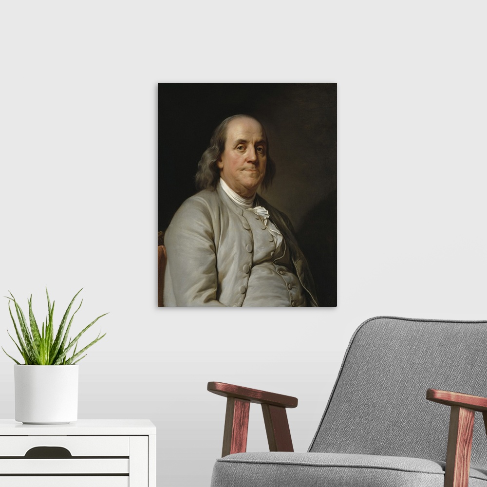 A modern room featuring Portrait painting of Founding Father Benjamin Franklin. Original by Joseph Duplessis, 1778.