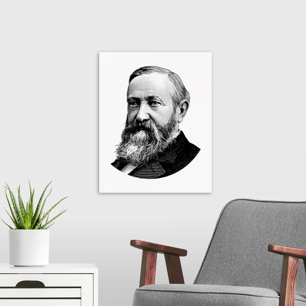 A modern room featuring United States political history design of President Benjamin Harrison.