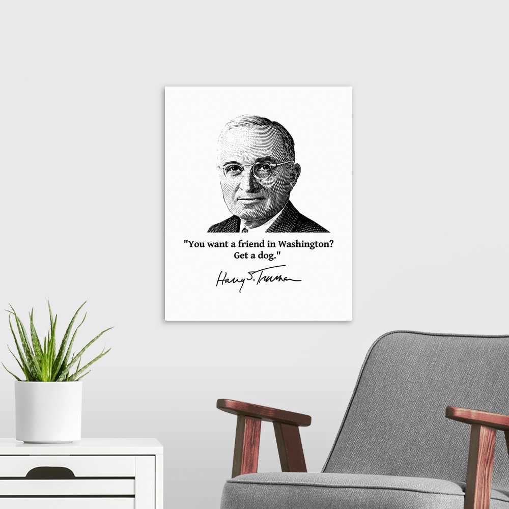 A modern room featuring United States political history design of President Harry Truman and a funny quote.