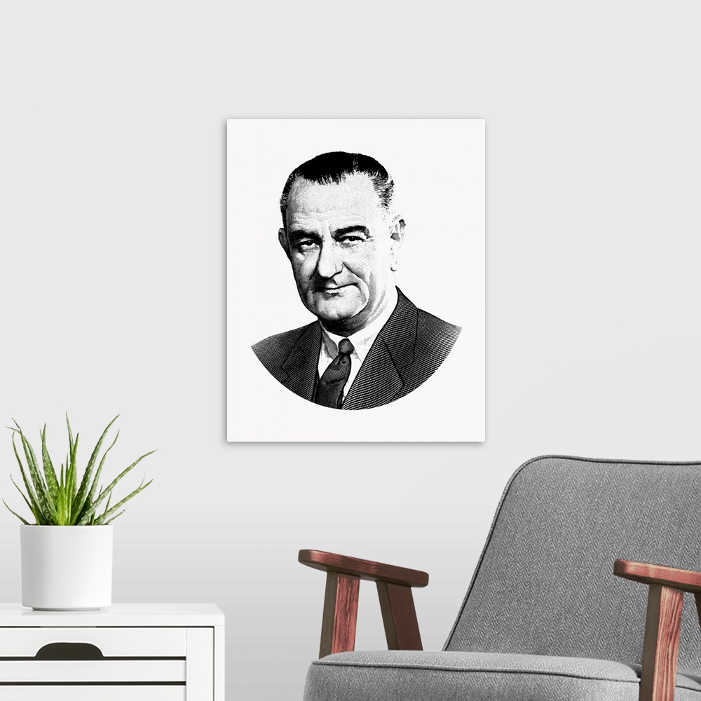 A modern room featuring United States political history design of President Lyndon Baines Johnson.