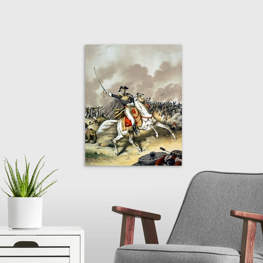 A modern room featuring Vintage American history print of General Andrew Jackson, on horseback, leading troops during the...