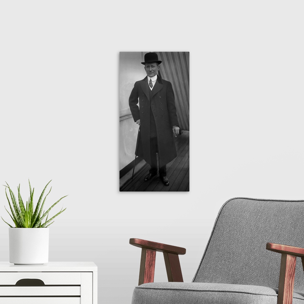 A modern room featuring World history photograph of Italian inventor Guglielmo Marconi, 1915.