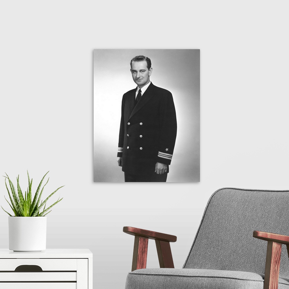 A modern room featuring World War II portrait of a young Lyndon Johnson in his naval uniform.