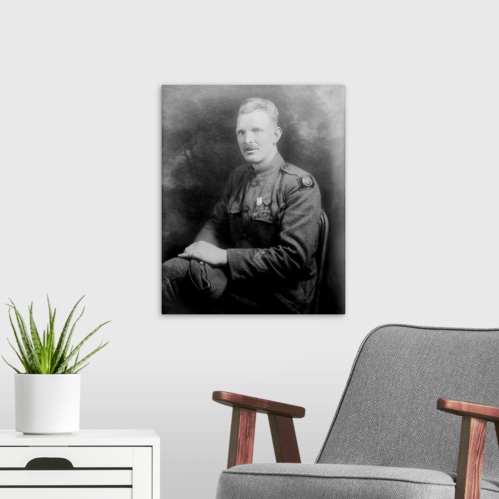 A modern room featuring World War One portrait of Sergeant Alvin York.