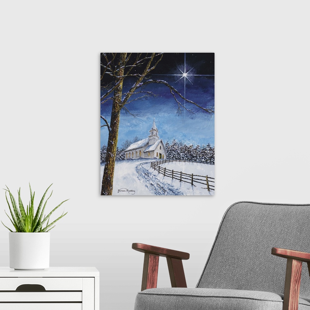A modern room featuring A contemporary painting of a white church on top of a snowy hill with a bright, white, shining st...