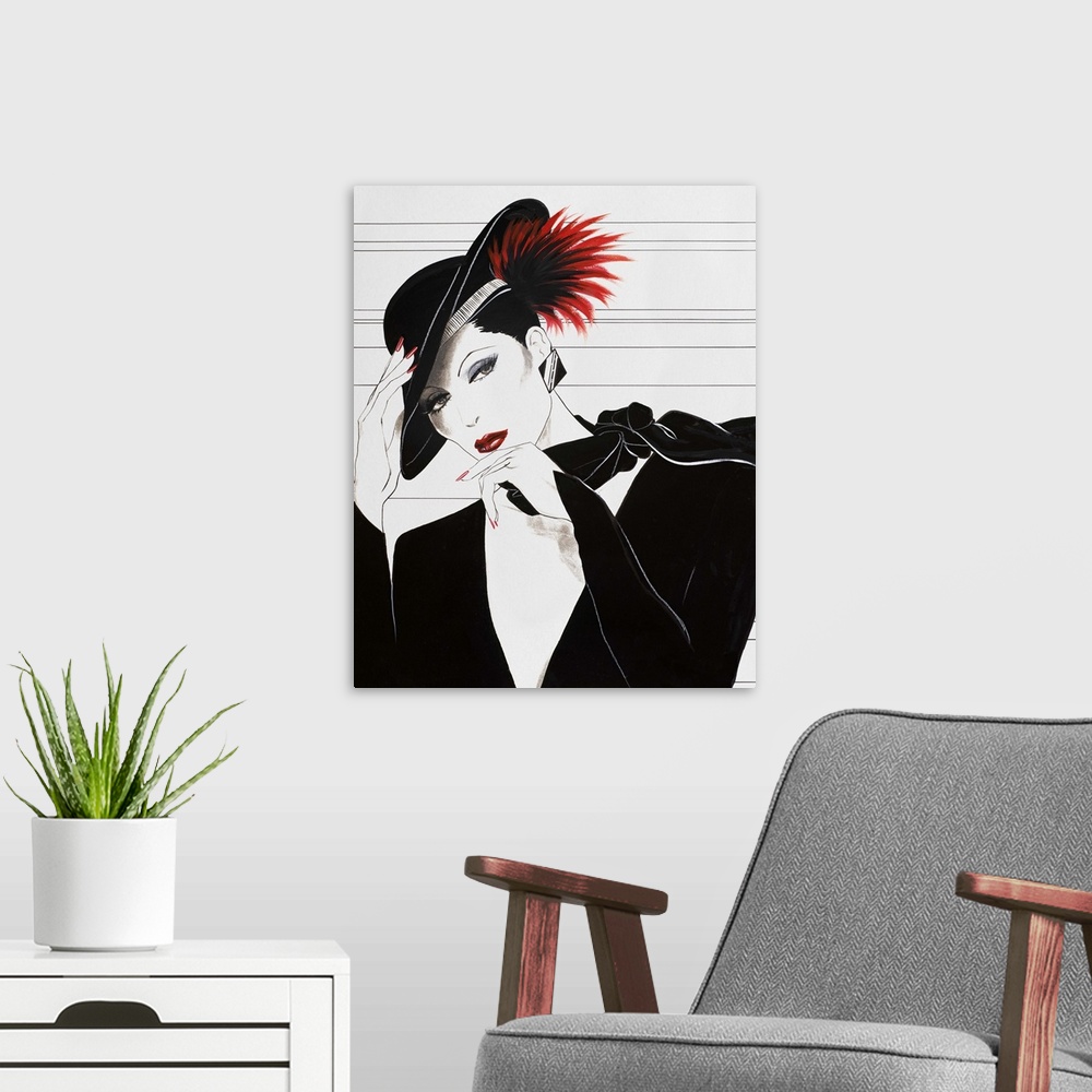 A modern room featuring Fashion artwork of a woman wearing all black and black hat with a bright red feather in it.