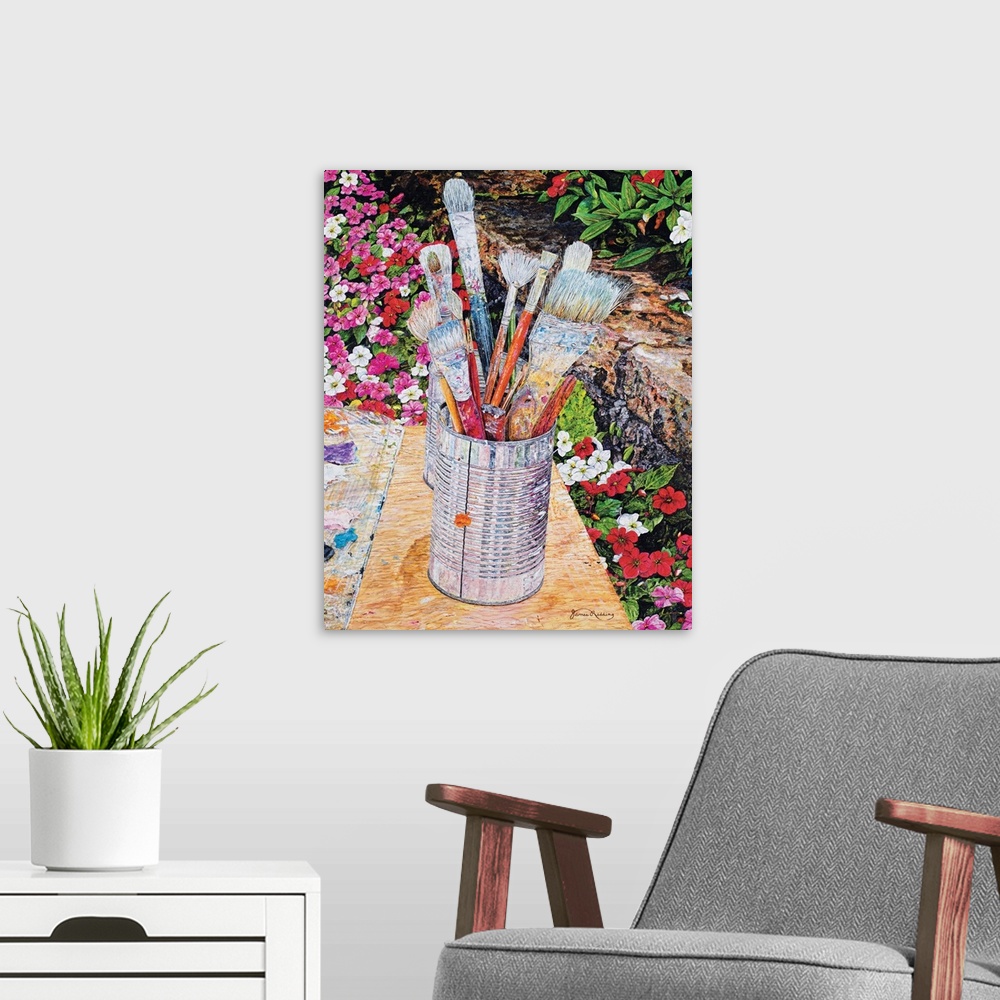 A modern room featuring A painting of a can full of used paint brushes set in an outdoor scene surrounded by flowers.