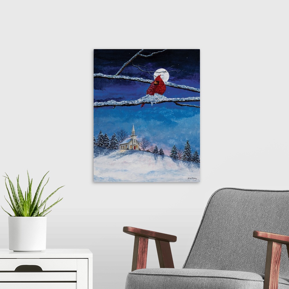 A modern room featuring A contemporary painting of a cardinal sitting on a snowy tree branch with a white church in the b...