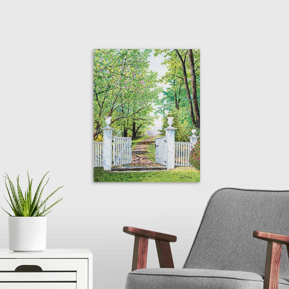 A modern room featuring A contemporary painting of a white gate leading to a path lined with green trees.