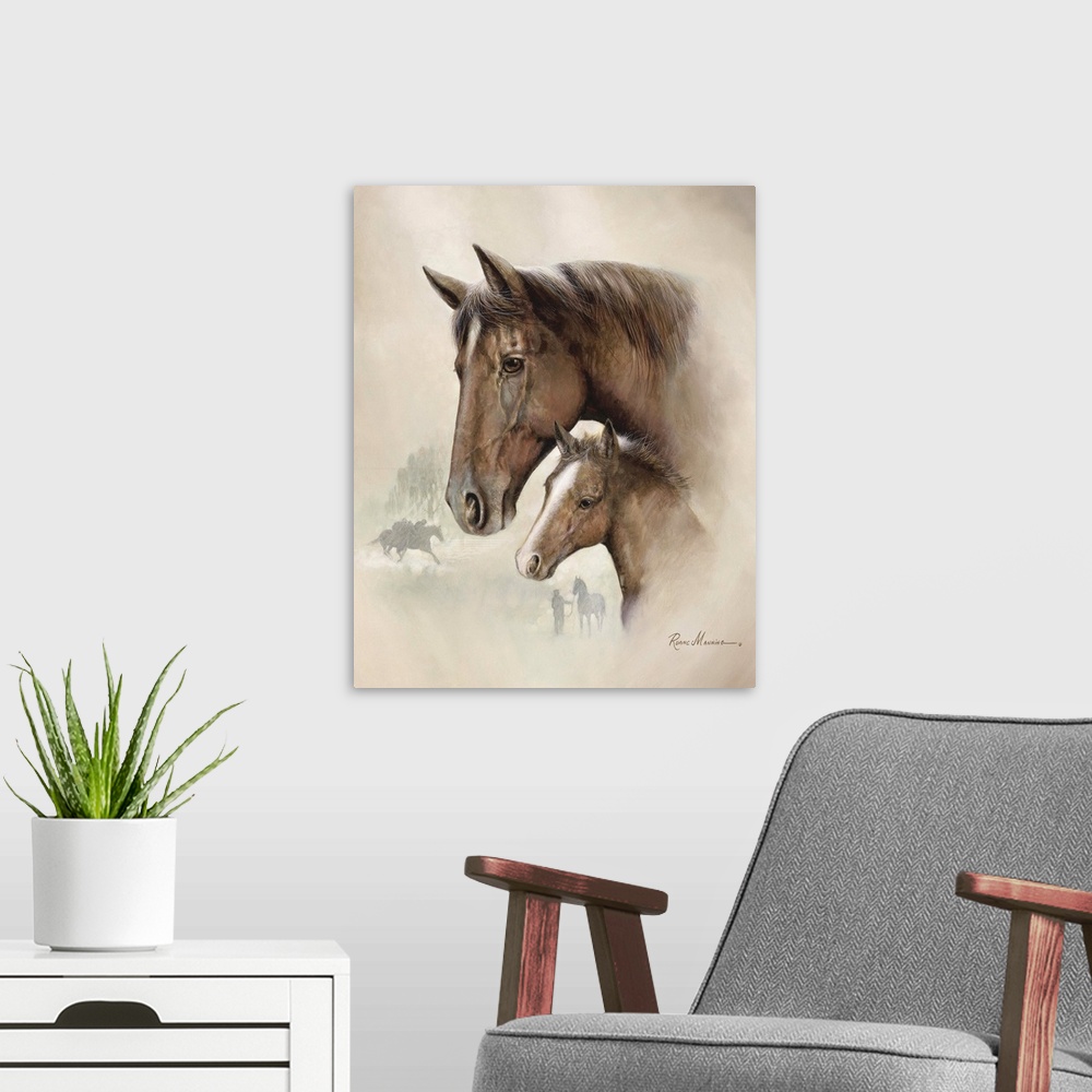 A modern room featuring Painted portrait of a brown mare and her young foal.