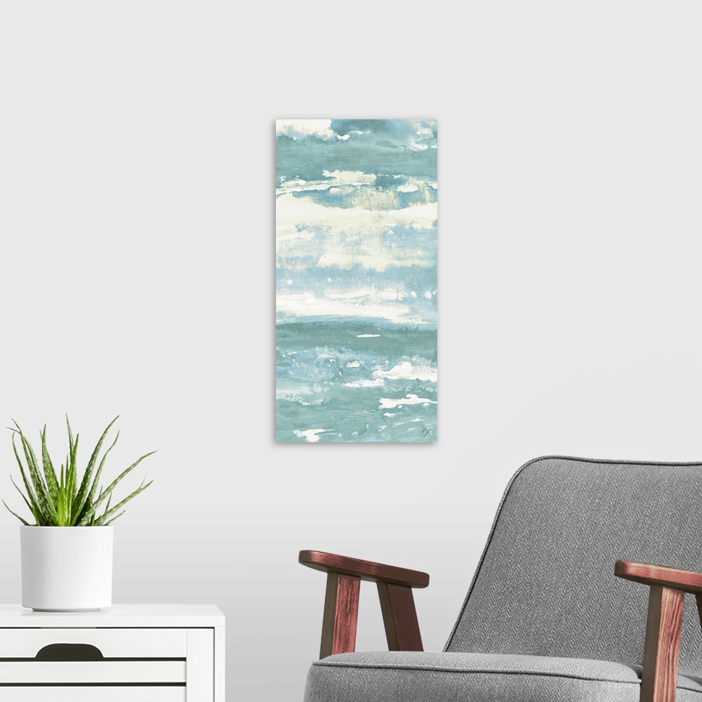 A modern room featuring A contemporary abstract painting with sea blue and white colors creating horizontal layers.